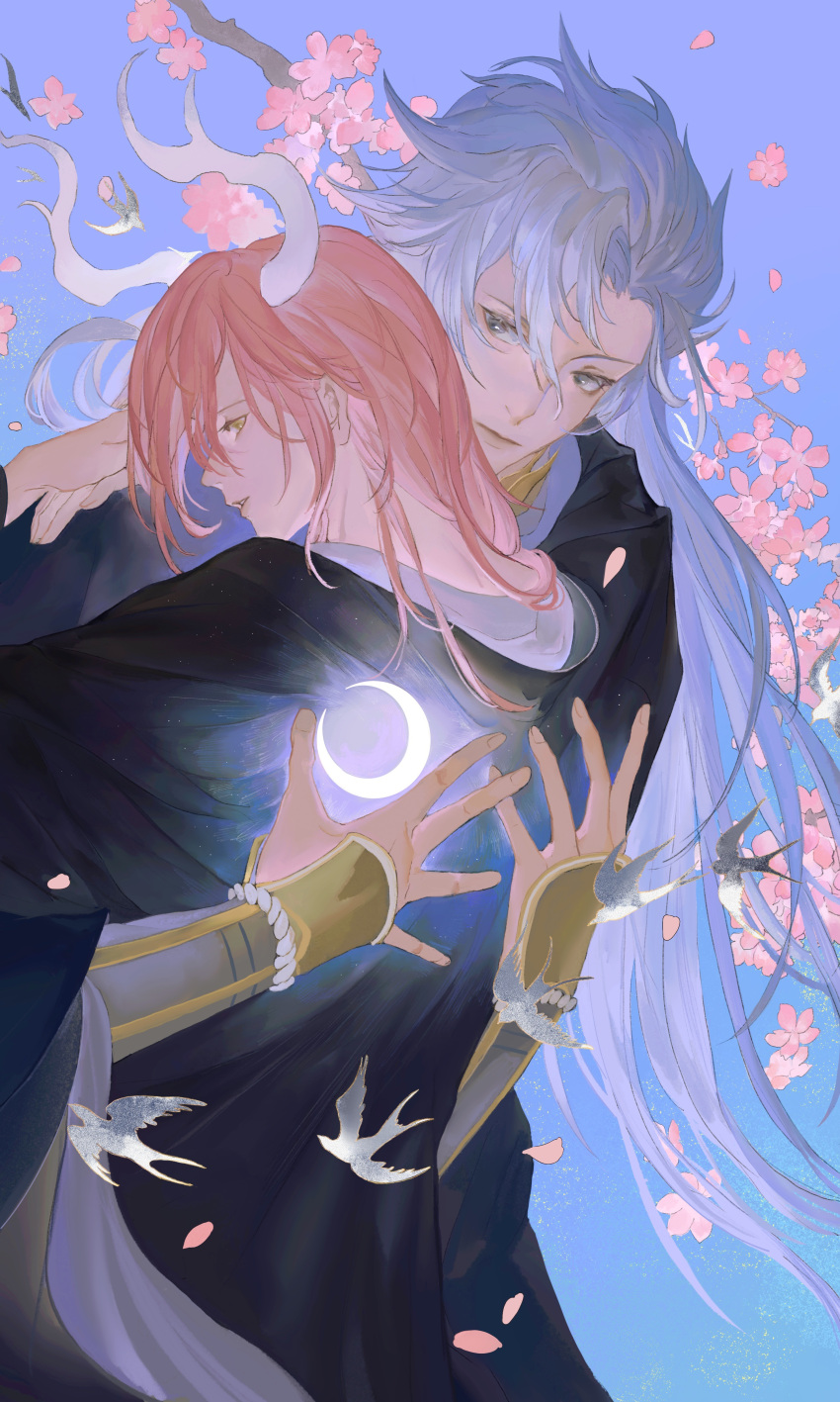 2boys absurdres arm_around_neck back bird black_eyes blue_hair board_game branch cherry_blossoms closed_mouth crescent expressionless eyelashes falling_petals fingernails flower go_(board_game) grey_bird hand_on_another's_back highres horns hug ichimoku_ren_(onmyoji) implied_yaoi lips long_hair looking_at_another male_focus moon multiple_boys onmyoji parted_bangs parted_lips petals pink_flower pink_petals purple_hair susabi_(onmyoji) swallow_(bird) white_horns ye_(ran_chiiipye) yellow_eyes