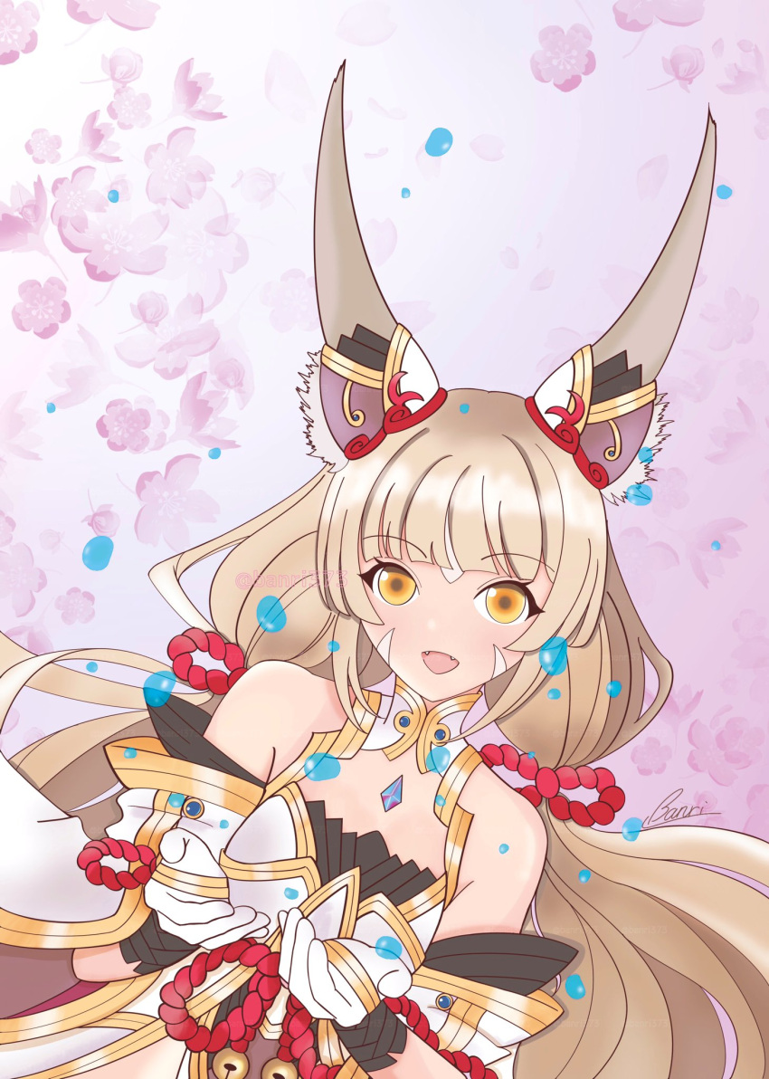 1girl :d animal_ear_fluff animal_ears banri37 blonde_hair cat_ears cat_girl commentary_request fangs flower gloves gradient_background highres looking_at_viewer nia_(blade)_(xenoblade) nia_(xenoblade) open_mouth pink_background pink_flower smile solo white_gloves xenoblade_chronicles_(series) xenoblade_chronicles_2 yellow_eyes