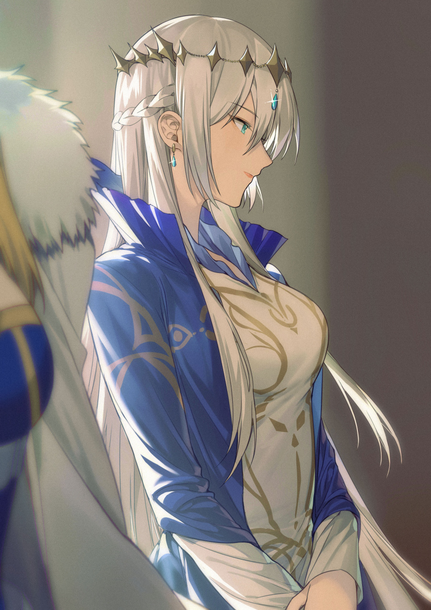 2girls absurdres blonde_hair blue_eyes blush braid breasts cape crown dress earrings fate/grand_order fate_(series) french_braid fur-trimmed_cape fur_trim grey_hair highres jewelry large_breasts long_hair long_sleeves looking_at_another morgan_le_fay_(fate) multiple_girls non-web_source sidelocks skirt smile solo very_long_hair yorukun