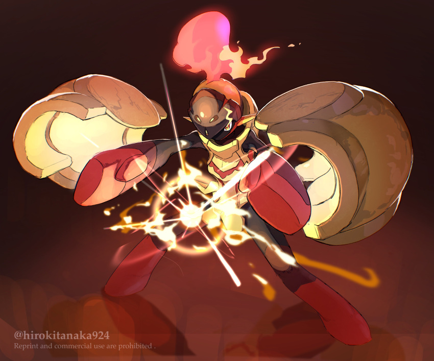 absurdres armarouge armor artist_name eye_trail fiery_hair fire floating_armor glowing glowing_eyes helmet highres light_trail pokemon pokemon_(creature) powering_up red_background red_eyes tanaka_(is2_p) yellow_armor