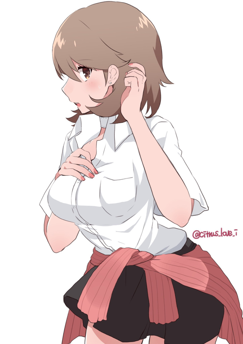 1girl black_skirt blush breasts brown_eyes brown_hair cardigan cardigan_around_waist choker clothes_around_waist collared_shirt commentary_request cowboy_shot earrings hand_on_own_chest hand_up haruna_(citrus_love_i) highres jewelry large_breasts looking_at_viewer medium_hair nail_polish official_alternate_costume open_mouth persona persona_3 pink_cardigan pink_nails pleated_skirt profile ribbed_cardigan shirt short_sleeves simple_background skirt solo stud_earrings takeba_yukari twitter_username white_background white_choker white_shirt