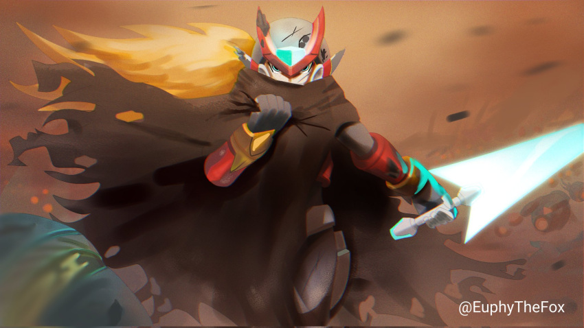 1boy anaglyph android armor black_bodysuit black_gloves black_helmet blonde_hair blue_eyes bodysuit briefs brown_cloak cloak debris energy_blade energy_sword euphythefox floating_cape floating_hair forehead_jewel gloves gripping_clothes helmet highres holding holding_clothes holster long_hair male_underwear mega_man_(series) mega_man_x_(series) mega_man_zero_(series) mega_man_zero_2 pants ponytail red_armor red_helmet robot scratches sword thigh_holster torn_cloak torn_clothes underwear weapon white_pants wind z_saber zero(z)_(mega_man) zero_(mega_man)