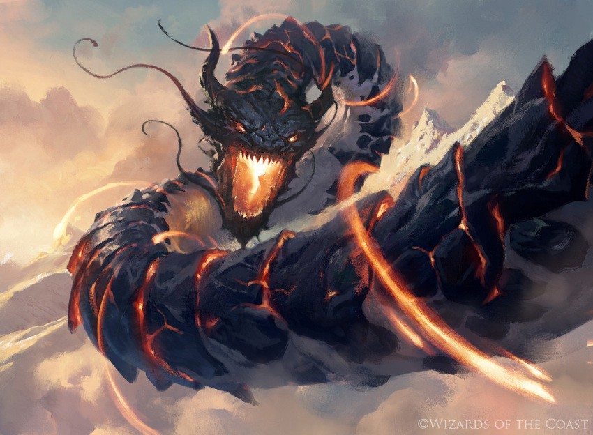 animal_focus black_horns blue_sky clouds colossus commentary company_name dragon english_commentary facing_viewer glowing glowing_eyes glowing_mouth greg_rutkowski horns lava magic:_the_gathering monster mountain no_humans official_art open_mouth orange_eyes orange_sky outdoors painterly ryusei_(magic:_the_gathering) sharp_teeth sky solo teeth wyrm