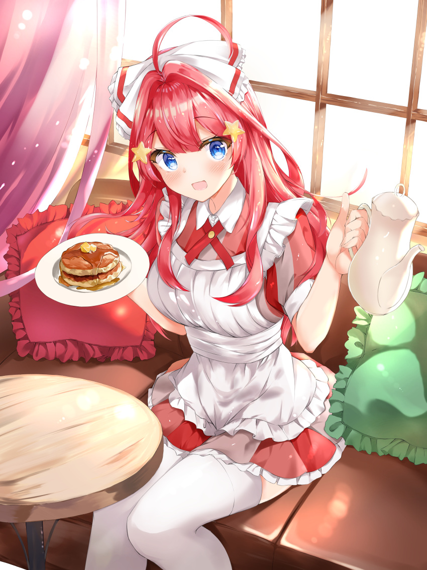 1girl :d absurdres ahoge alternate_costume apron backlighting blue_eyes breasts collared_dress commentary_request couch cushion dress enmaided food go-toubun_no_hanayome hair_ornament hair_ribbon highres holding holding_plate indoors large_breasts long_hair looking_at_viewer maid maid_apron nakano_itsuki on_couch pancake plate red_dress redhead ribbon round_table shizuku_(shizukusushi) short_sleeves sitting smile solo star_(symbol) star_hair_ornament table thigh-highs white_ribbon white_thighhighs