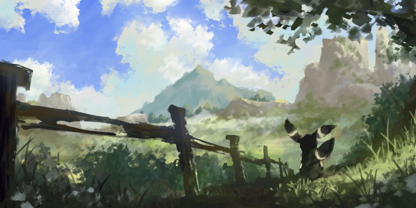 clouds commentary_request day fence grass highres mountain no_humans obane_(desert00) outdoors pokemon pokemon_(creature) scenery sky solo tree umbreon