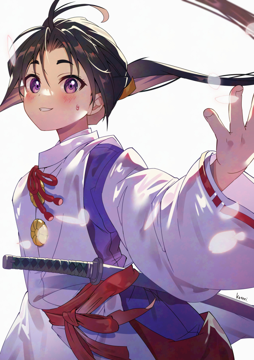 1boy :d artist_name backlighting bishounen black_hair blush cherry_blossoms commentary_request falling_petals grin hakama hakama_pants hand_up high_ponytail highres houjou_tokiyuki_(nige_jouzu_no_wakagimi) japanese_clothes kariginu katana kimono long_hair long_sleeves looking_at_viewer male_focus nige_jouzu_no_wakagimi pants parted_bangs petals piyopuni0521 purple_kimono red_hakama ribbon-trimmed_sleeves ribbon_trim sash sheath sheathed sidelocks_tied_back signature simple_background single_hair_intake smile solo standing sweatdrop sword upper_body violet_eyes weapon wide_sleeves