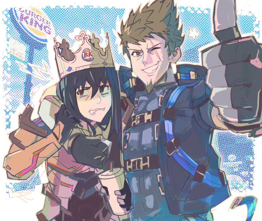 1girl 2boys absurdres arm_around_shoulder armor belt black_hair blue_background blue_jacket brown_hair burger_king clenched_teeth commentary crown drink drinking_straw embarrassed english_commentary hair_between_eyes highres holding holding_drink jacket logo long_hair male_focus multiple_boys n_(xenoblade) one_eye_closed onepointzero open_clothes open_jacket rex_(xenoblade) scar scar_across_eye short_hair smile teeth thumbs_up upper_body xenoblade_chronicles_(series) xenoblade_chronicles_3 xenoblade_chronicles_3:_future_redeemed