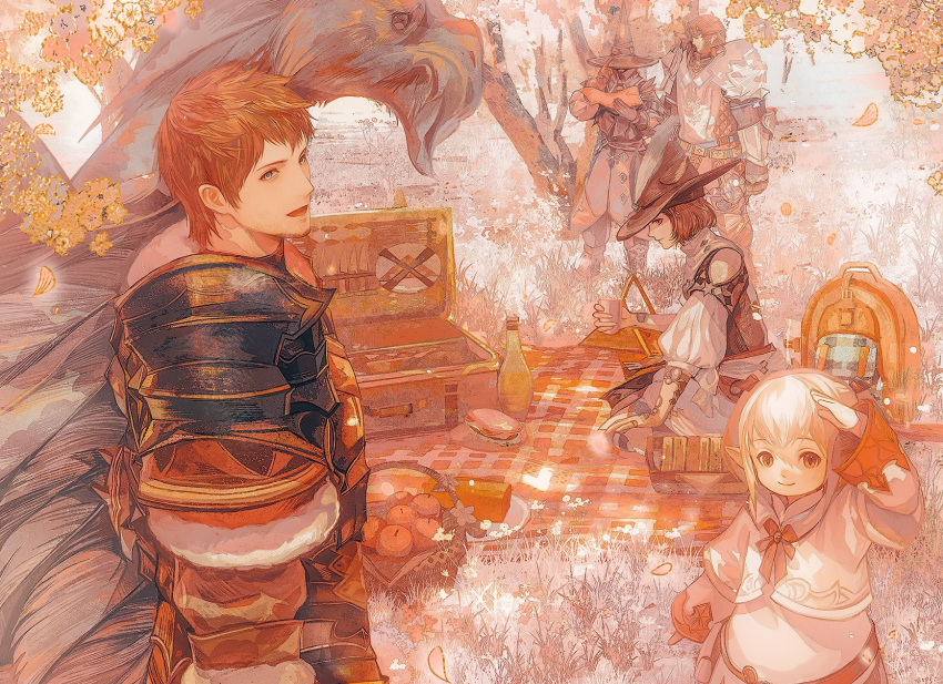 2girls 3boys amaro_(ff14) apple ardbert_hylfyst armor backpack bag basket blonde_hair blue_eyes bottle branden_(ff14) brown_hair brown_hat capelet clothing_cutout collared_capelet cup day falling_leaves final_fantasy final_fantasy_xiv food from_above fruit grass hat highres holding holding_cup hyur jingjue_de_yumiao lalafell lamitt leaf multiple_boys multiple_girls nyelbert open_mouth outdoors paladin_(final_fantasy) pauldrons picnic picnic_blanket plate pointy_ears renda-rae robe salute sandwich seiza short_hair shoulder_armor shoulder_cutout sitting smile standing unworn_bag white_capelet white_robe witch_hat