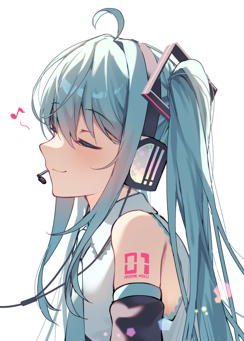 1girl absurdres ahoge arm_tattoo blue_hair blue_necktie closed_eyes closed_mouth commentary detached_sleeves from_side hair_between_eyes hatsune_miku headphones headset highres kurobikari long_hair microphone musical_note necktie number_tattoo shirt simple_background sleeveless sleeveless_shirt smile solo tattoo twintails upper_body very_long_hair vocaloid white_background white_shirt
