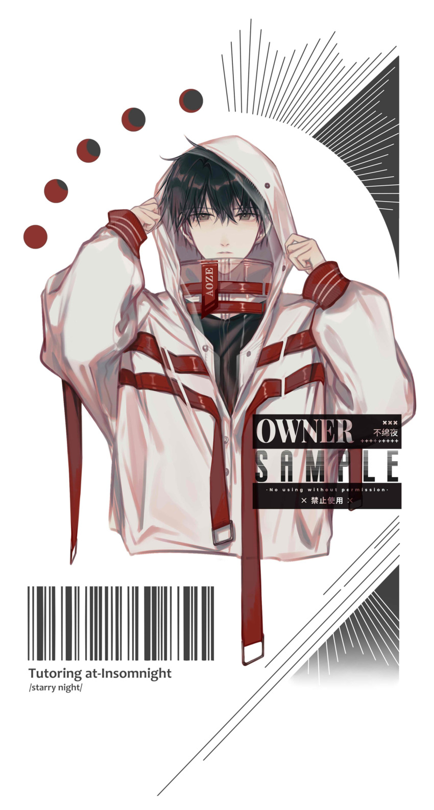 1boy absurdres barcode belt belt_buckle black_hair black_shirt buckle chest_belt chinese_commentary commentary_request commission cropped_torso grey_eyes hair_between_eyes highres hood hood_pull hood_up hooded_jacket jacket light_frown long_sleeves looking_at_viewer multiple_belts neirutowero6 original parted_lips puffy_long_sleeves puffy_sleeves pulled_by_self red_belt sample_watermark shirt short_hair simple_background solo straight-on watermark white_background white_hood white_jacket white_sleeves
