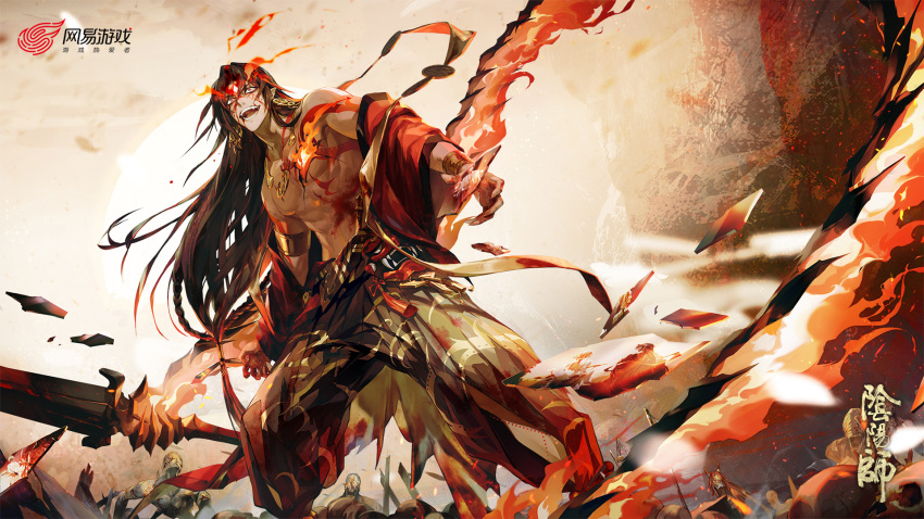 1boy abs arm_tattoo asura_(onmyoji) black_hair black_pants blood blood_from_mouth blood_on_face chest_tattoo chinese_clothes chinese_text clothes_pull copyright_name crazy_smile earrings fangs fighting_stance fire floating_hair from_below full_body grin haban_(haban35) highres jacket jacket_pull jewelry long_hair male_focus multicolored_hair o-ring_arm_strap onmyoji open_mouth pants parted_bangs pectorals red_jacket redhead shoulder_tattoo smile solo streaked_hair sword tattoo teeth weapon