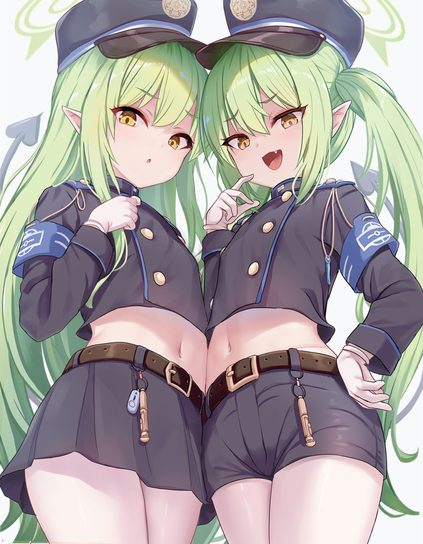 2girls belt black_hat black_shorts black_skirt blue_archive blush breasts buckle cowboy_shot cropped_jacket flat_chest gloves green_hair hair_between_eyes halo hat highres hikari_(blue_archive) long_hair long_sleeves looking_at_viewer midriff milkshakework miniskirt multiple_girls navel nozomi_(blue_archive) open_mouth peaked_cap pointy_ears short_shorts shorts siblings simple_background sisters skirt smile standing stomach twins twintails variant_set very_long_hair yellow_eyes