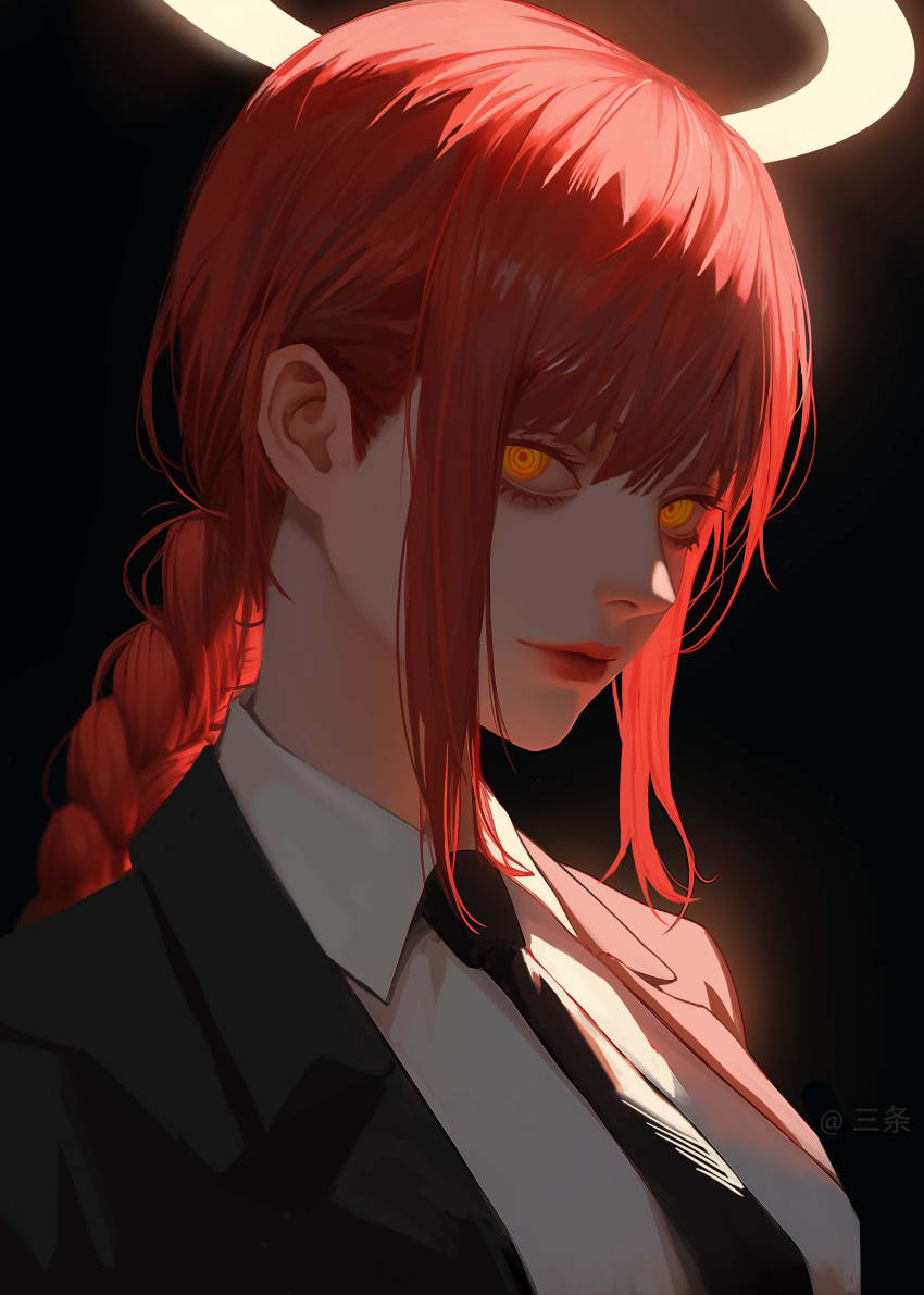 1836547 1girl @_(symbol) absurdres artist_name black_necktie braid braided_ponytail business_suit chainsaw_man collared_shirt formal halo highres light_smile long_hair looking_at_viewer makima_(chainsaw_man) necktie office_lady redhead ringed_eyes shirt sidelocks simple_background smile solo suit white_shirt yellow_eyes