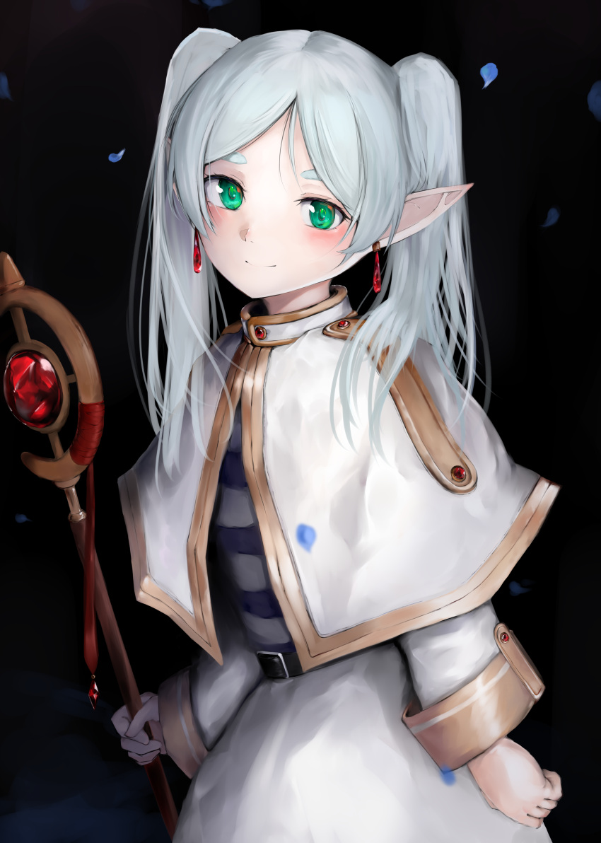 1girl 73suke absurdres black_background capelet dangle_earrings dress drop_earrings earrings elf frieren green_eyes grey_hair highres holding holding_staff jewelry long_hair looking_at_viewer mage_staff parted_bangs pointy_ears simple_background smile solo sousou_no_frieren staff twintails white_capelet white_dress