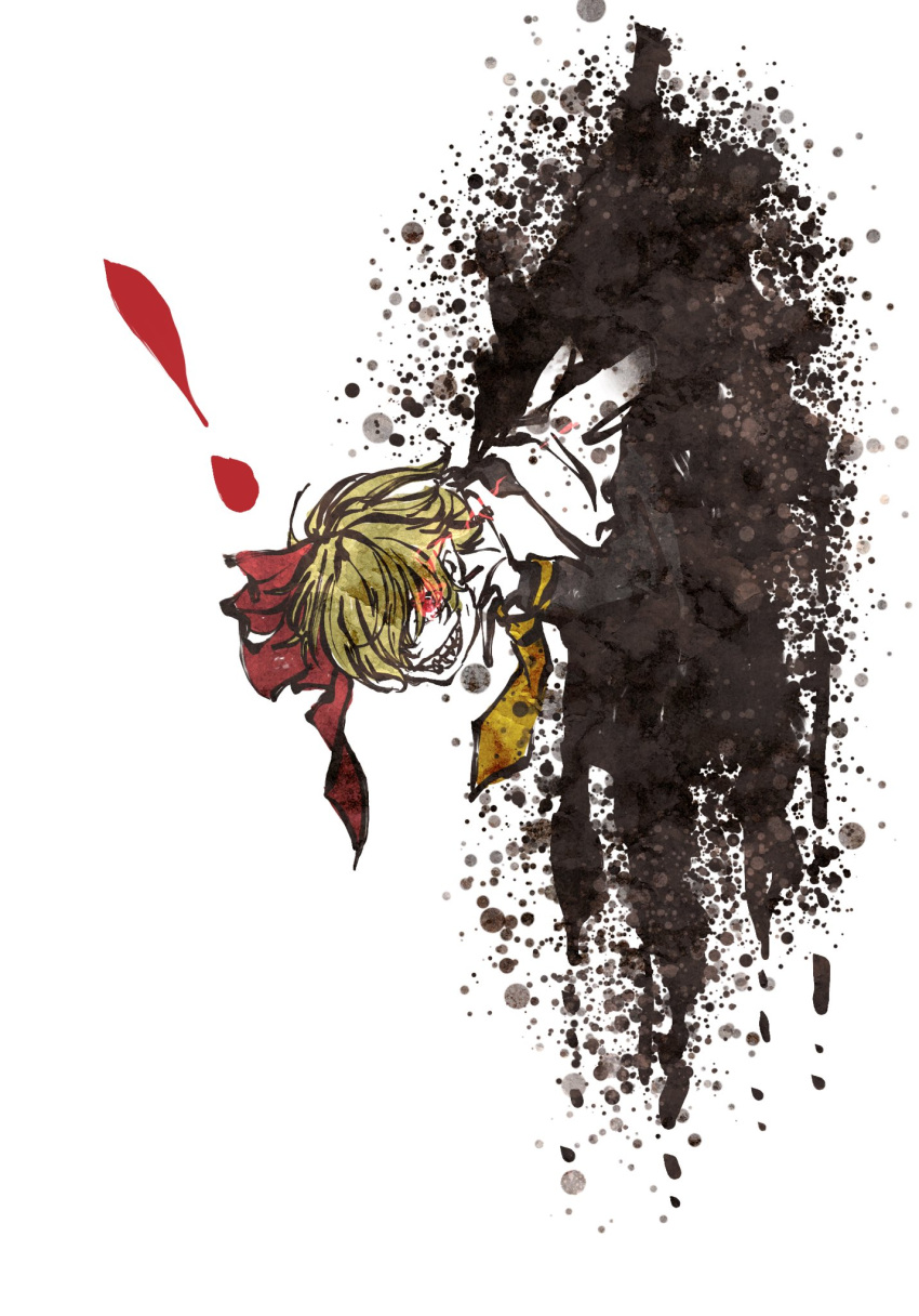 ! 1girl ascot blonde_hair clenched_teeth crazy_eyes crazy_smile darkness grin hair_ribbon highres red_eyes ribbon rumia shirt short_hair simple_background smile solo teeth touhou vest white_background white_shirt xkannmix yellow_ascot