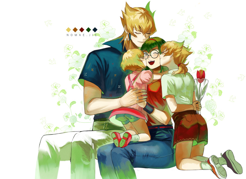 2boys 2girls absurdres arm_behind_back blonde_hair carly_nagisa closed_eyes closed_mouth dangle_earrings denim earrings father_and_daughter father_and_son flower glasses green_hair hair_between_eyes hairband hand_on_another's_back highres holding holding_flower hug if_they_mated jack_atlas jeans jewelry kiss kissing_cheek mother_and_daughter mother_and_son multiple_boys multiple_girls nomae.jie one_eye_closed open_mouth pants ponytail red_flower red_rose ring rose round_eyewear short_sleeves shorts simple_background smile spiky_hair stud_earrings white_pants wristband yu-gi-oh! yu-gi-oh!_5d's