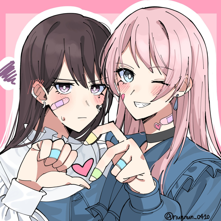 2girls bandaid bandaid_on_face bandaid_on_hand bandaid_on_neck bang_dream! bang_dream!_it's_mygo!!!!! black_choker black_hair blue_jacket blush chihaya_anon choker clenched_teeth closed_mouth commentary earclip earrings fang grey_eyes heart_hands_failure highres jacket jewelry long_hair long_sleeves looking_at_viewer mole mole_under_eye multiple_girls nanami_(nunnun_0410) one_eye_closed outline pink_background pink_hair shiina_taki shirt smile squiggle teeth twitter_username violet_eyes white_outline white_shirt