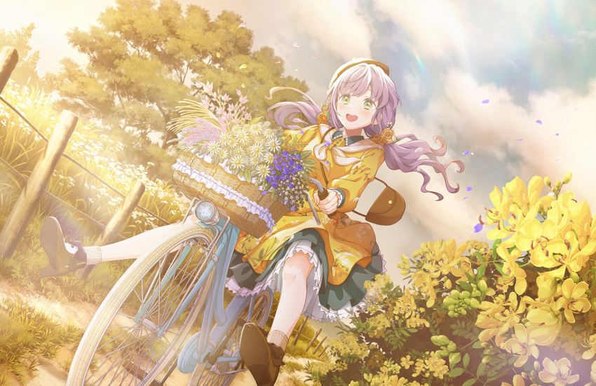 1girl :d bag bicycle bicycle_basket black_footwear blue_sky brown_bag brown_socks clouds collared_dress dress dutch_angle flower game_cg green_eyes hair_flower hair_ornament highres layered_dress link!_like!_love_live! long_hair long_sleeves love_live! low_twintails medium_dress official_art open_mouth otomune_kozue puffy_long_sleeves puffy_sleeves purple_hair ribbed_socks riding riding_bicycle shoes shoulder_bag shuushoku_country_road_(love_live!) sky smile socks solo teeth third-party_source tree twintails upper_teeth_only virtual_youtuber yellow_dress yellow_flower