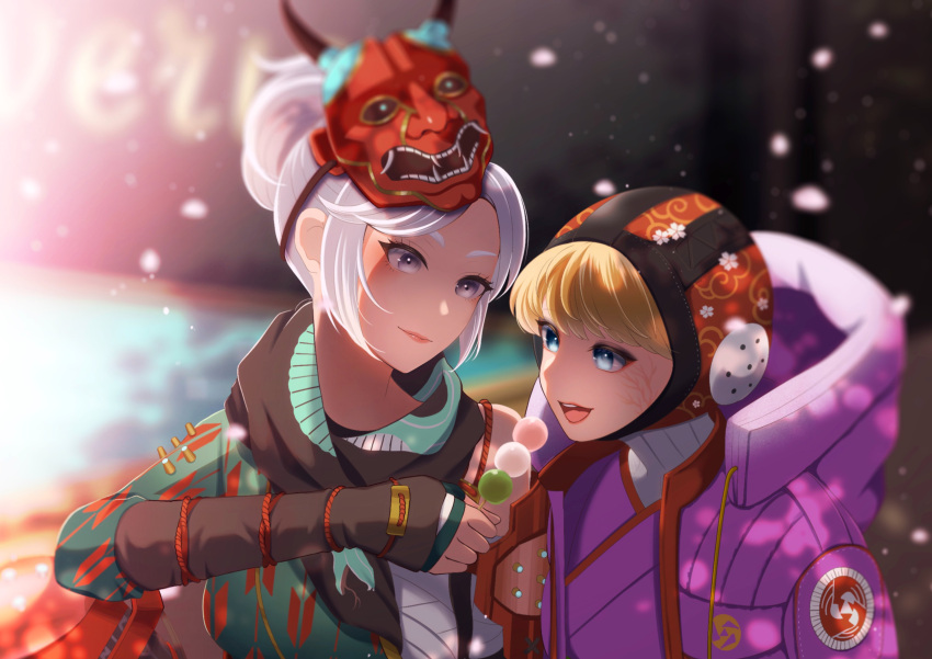2girls absurdres animification apex_legends blonde_hair blue_eyes blue_shirt blurry blurry_background blush breasts chest_sarashi dango demon's_whisper_wraith feeding food grey_eyes grey_hair highres hood hood_down hooded_jacket jacket japanese_clothes kimono looking_to_the_side mask mask_on_head medium_breasts milmil7 multiple_girls official_alternate_costume olympus_(apex_legends) open_mouth ponytail purple_crane_wattson purple_jacket purple_kimono sanshoku_dango sarashi scar scar_on_cheek scar_on_face shirt smile wagashi wattson_(apex_legends) wraith_(apex_legends) yuri