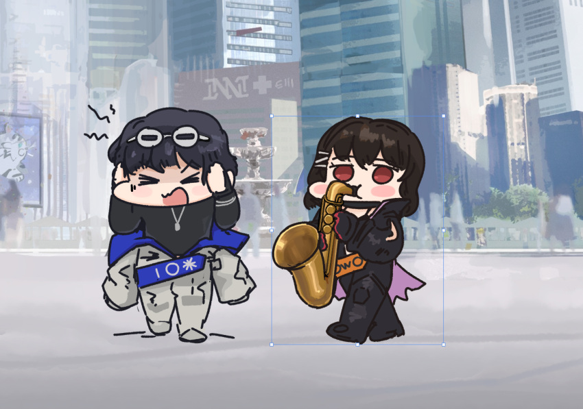 >o< 1boy 1girl bikini black_bikini black_hair chibi diving_suit eyewear_on_head girls'_frontline_neural_cloud girls_frontline gloves hair_ornament hatsuchiri_(neural_cloud) holding holding_instrument holding_trumpet instrument meme outdoors pure_boy red_eyes sueyoi_(neural_cloud) swimsuit trumpet trumpet_boy_(meme)