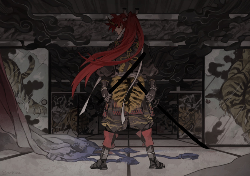 1boy armor black_gloves conohi_(snvcenni) from_behind gloves highres japanese_armor japanese_clothes looking_to_the_side male_focus original ponytail redhead shouji sliding_doors tiger