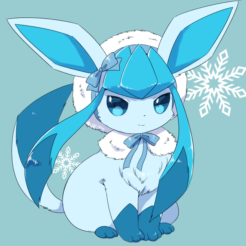 blue_background blue_bow blue_eyes blue_hair bow clothed_pokemon full_body fur_hood glaceon highres hood hoodie kemoribon looking_at_viewer no_humans pokemon pokemon_(creature) ribbon sidelocks simple_background sitting smile snowflakes solo white_hood