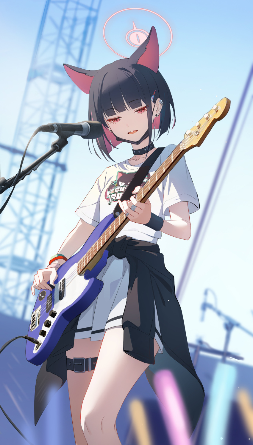 1girl absurdres animal_ears bass_guitar belt bilibilida blue_archive blue_sky cat_ears choker clothes_around_waist colored_inner_hair electric_guitar glowstick guitar halo highres holding holding_instrument instrument jacket jacket_around_waist kazusa_(band)_(blue_archive) kazusa_(blue_archive) microphone multicolored_hair music official_alternate_costume playing_guitar playing_instrument pleated_skirt shirt singing skirt sky stage thigh_belt thigh_strap white_shirt