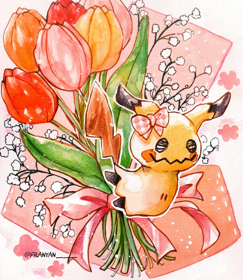 animal_ears animal_focus bow flower franyan_oxo highres jumping mimikyu no_humans orange_flower pink_bow pink_flower pokemon pokemon_(creature) red_flower signature simple_background tail white_background white_flower yellow_flower