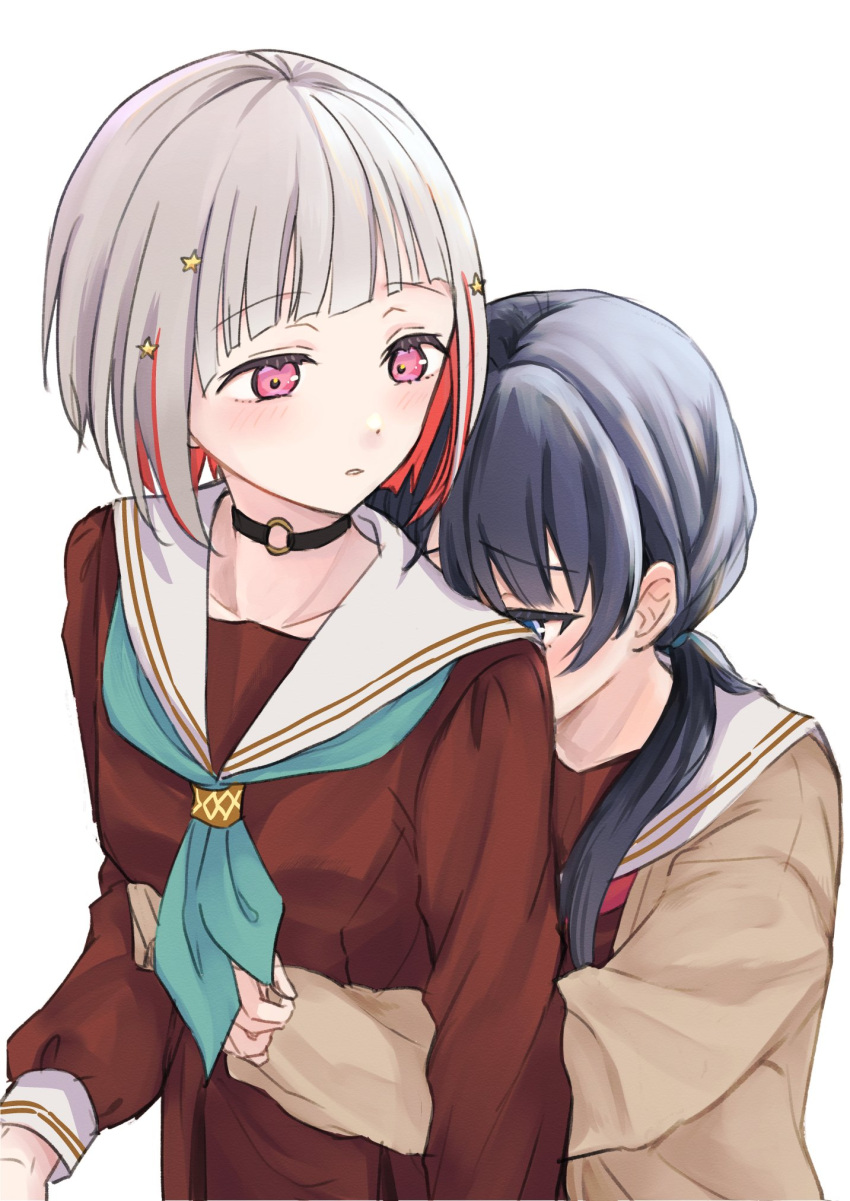 2girls black_choker blue_eyes blue_hair blush bob_cut brown_cardigan brown_dress cardigan choker collarbone colored_inner_hair commentary_request dollchestra dress furrowed_brow green_neckerchief grey_hair hair_ornament hasu_no_sora_school_uniform highres hug hug_from_behind link!_like!_love_live! long_hair long_sleeves looking_at_another love_live! multicolored_hair multiple_girls murano_sayaka neckerchief open_cardigan open_clothes parted_lips pink_eyes redhead sailor_collar school_uniform short_hair standing star_(symbol) star_hair_ornament streaked_hair suito twintails upper_body virtual_youtuber white_background white_sailor_collar winter_uniform yugiri_tsuzuri yuri
