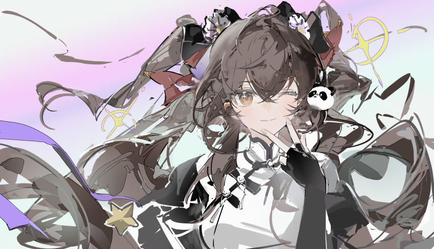 absurdres breasts brown_eyes brown_hair chinese_clothes fingerless_gloves girls'_frontline_2:_exilium gloves hair_between_eyes hair_ornament hair_ribbon highres long_hair medium_breasts one_eye_closed panda_hair_ornament ribbon ruoganzhao sketch smile sparkle twintails type_97_(girls'_frontline) upper_body v very_long_hair