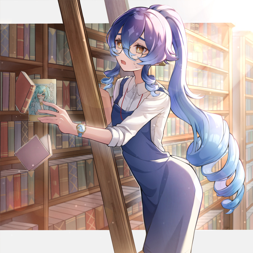 1girl absurdres alternate_hairstyle bespectacled blue_dress blue_hair book bookshelf commentary_request cowboy_shot dress drill_hair drill_sidelocks faruzan_(genshin_impact) genshin_impact glasses highres holding holding_book indoors ladder layla_(genshin_impact) long_hair mokankan open_mouth pinafore_dress pointy_ears ponytail shirt sidelocks sleeveless sleeveless_dress solo standing translation_request very_long_hair watch watch white_shirt yellow_eyes