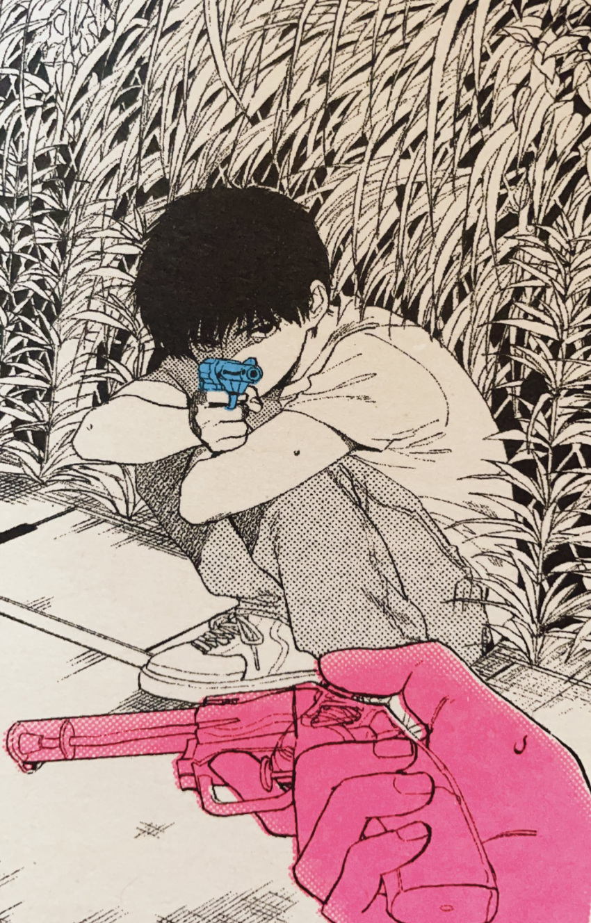 1boy aiming arms_on_knees black_hair crossed_arms grass greyscale gun highres holding holding_gun holding_weapon male_focus monochrome original pants pov pov_hands retro_artstyle shaded_face shundei_(enig) spot_color squatting weapon
