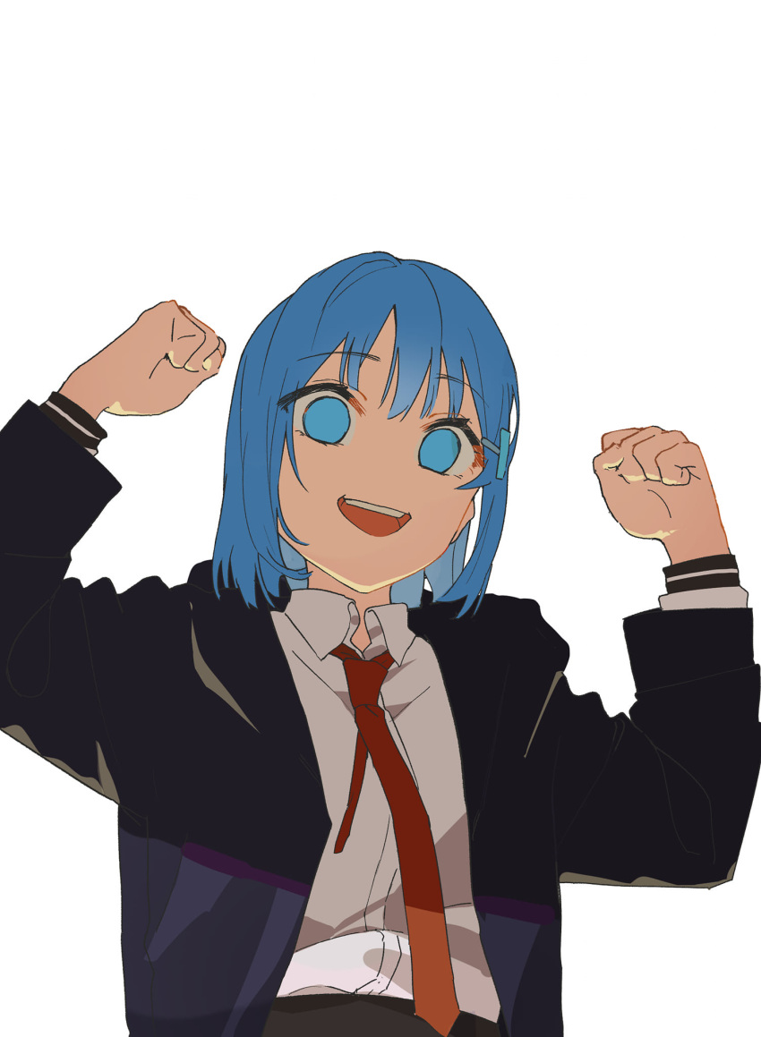 1girl black_jacket blue_eyes blue_hair clenched_hands collared_shirt commentary_request erika_(mads_ez) hands_up highres indonesian_commentary jacket long_sleeves looking_at_viewer mads_ez necktie open_clothes open_jacket open_mouth original red_necktie school_uniform shade shirt short_hair solo upper_body white_shirt