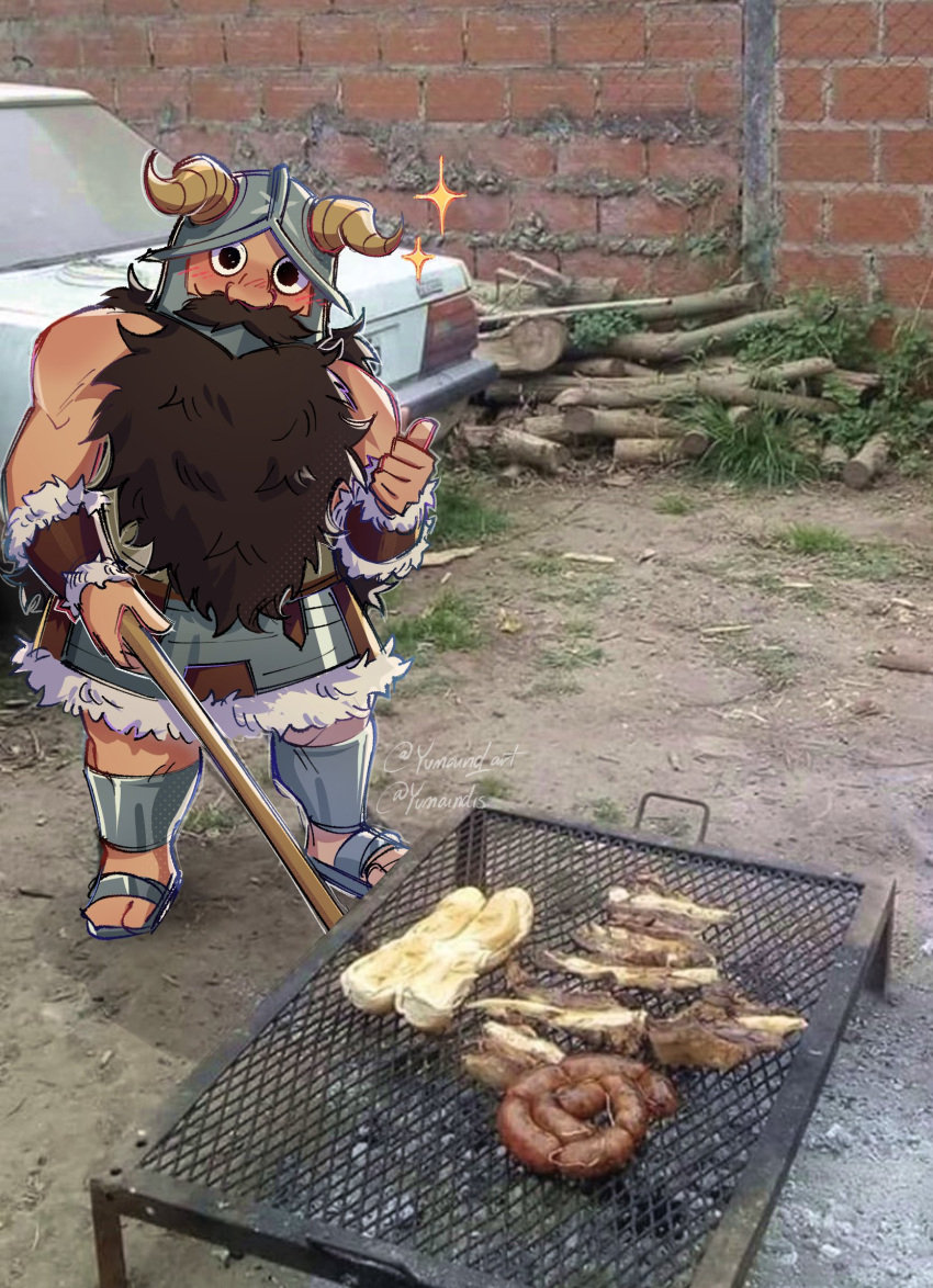 1boy beard blush commentary cooking dark-skinned_male dark_skin dungeon_meshi dwarf facial_hair fake_horns food full_body grill grilling head_tilt helmet highres holding holding_tongs horned_helmet horns long_beard looking_at_viewer male_focus parody_request photo_background senshi_(dungeon_meshi) solo spanish_commentary sparkle standing thick_mustache thumbs_up toned toned_male tongs very_long_beard yumaindis