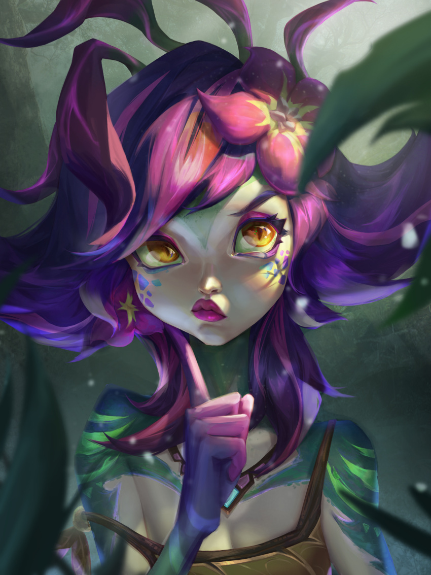 1girl absurdres bare_shoulders closed_mouth collarbone colored_skin flower green_background green_skin hair_flower hair_ornament hand_up highres index_finger_raised league_of_legends medium_hair multicolored_hair neeko_(league_of_legends) orange_eyes purple_hair qqquain red_flower redhead solo thinking