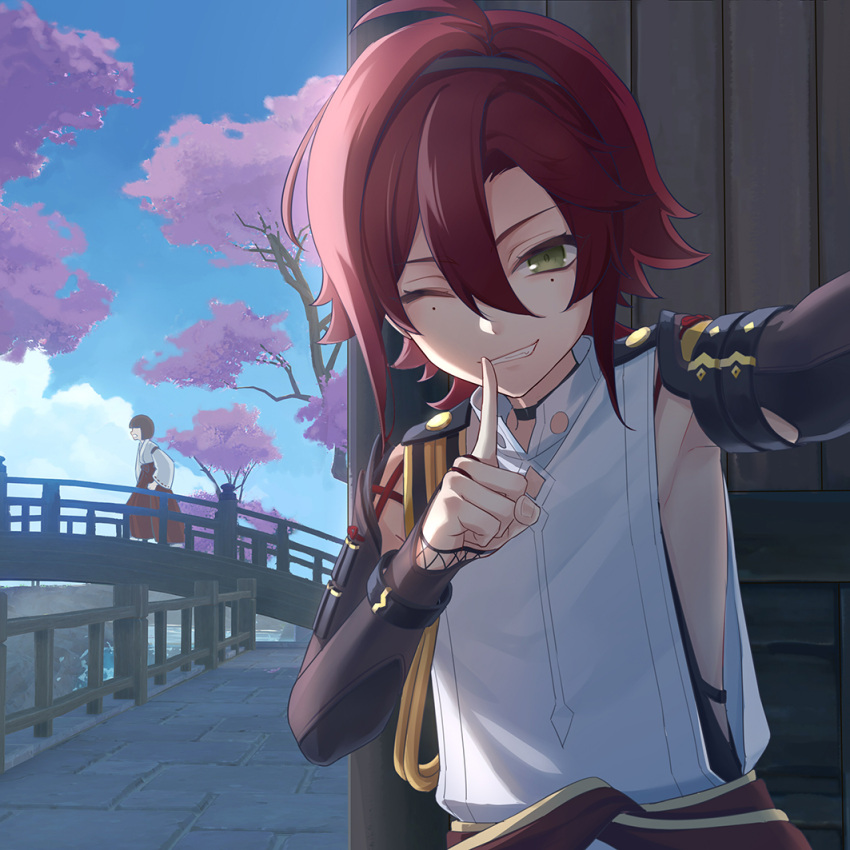 1boy 1girl ahoge aiguillette armor black_choker blue_sky blunt_bangs bob_cut bracelet bridge brown_hair building cherry_blossoms choker clothes_around_waist clothing_cutout clouds commentary_request day finger_to_mouth game_screenshot_background genshin_impact green_eyes grin hair_between_eyes hair_intakes hakama hakama_pants hand_up index_finger_raised japanese_armor japanese_clothes jewelry kimono kote kurokote long_hair long_sleeves looking_at_viewer low_ponytail male_focus miko mole mole_under_eye multiple_moles one_eye_closed outdoors outstretched_arm pants parted_bangs ponytail railing red_hakama redhead ribbon-trimmed_sleeves ribbon_trim selfie shikanoin_heizou shirt short_hair shushing side_cutout sideless_outfit sidelocks sky sleeveless sleeveless_shirt smile solo_focus stone_floor teeth tree upper_body water white_kimono white_shirt wide_sleeves wooden_bridge wooden_railing yonaka_(yonaka221)