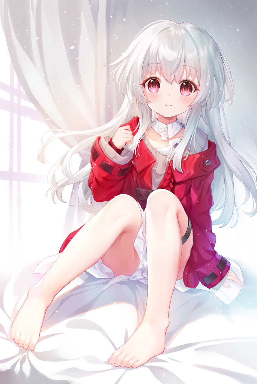 1girl absurdres barefoot bloom blush brown_sweater clara_(honkai:_star_rail) closed_mouth coat collar commentary_request curtains eyebrows_hidden_by_hair flat_chest full_body hair_between_eyes highres honkai:_star_rail honkai_(series) iumi long_hair looking_at_viewer on_bed red_coat red_eyes sitting smile solo sweater thigh_strap white_collar white_hair window_shadow
