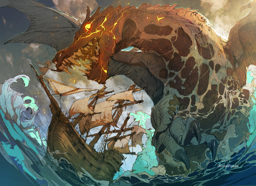 1girl anchor artist_name claws clouds commentary_request day demizu_posuka dragon glowing glowing_eyes ocean original outdoors sail scenery sharp_teeth ship sky teeth very_wide_shot water watercraft waves western_dragon yellow_eyes