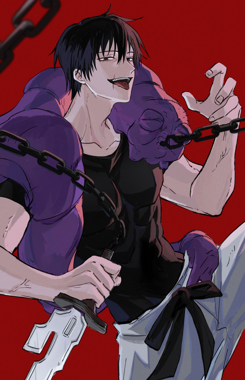 1boy absurdres artist_request black_hair chain cowboy_shot fushiguro_touji highres holding holding_sword holding_weapon jujutsu_kaisen looking_at_viewer male_focus mature_male monster muscular muscular_male pectorals red_background scar scar_on_face scar_on_mouth shirt short_hair smile solo sword taut_clothes taut_shirt tongue tongue_out weapon
