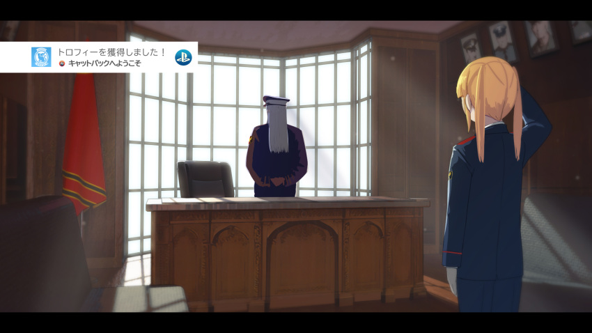 1girl 1other abubu achievement_unlocked blender_(medium) blonde_hair blue_jacket blue_pants commentary_request desk english_commentary facing_away highres indoors jacket letterboxed military_jacket mixed-language_commentary original pants playstation_logo translation_request twintails user_interface