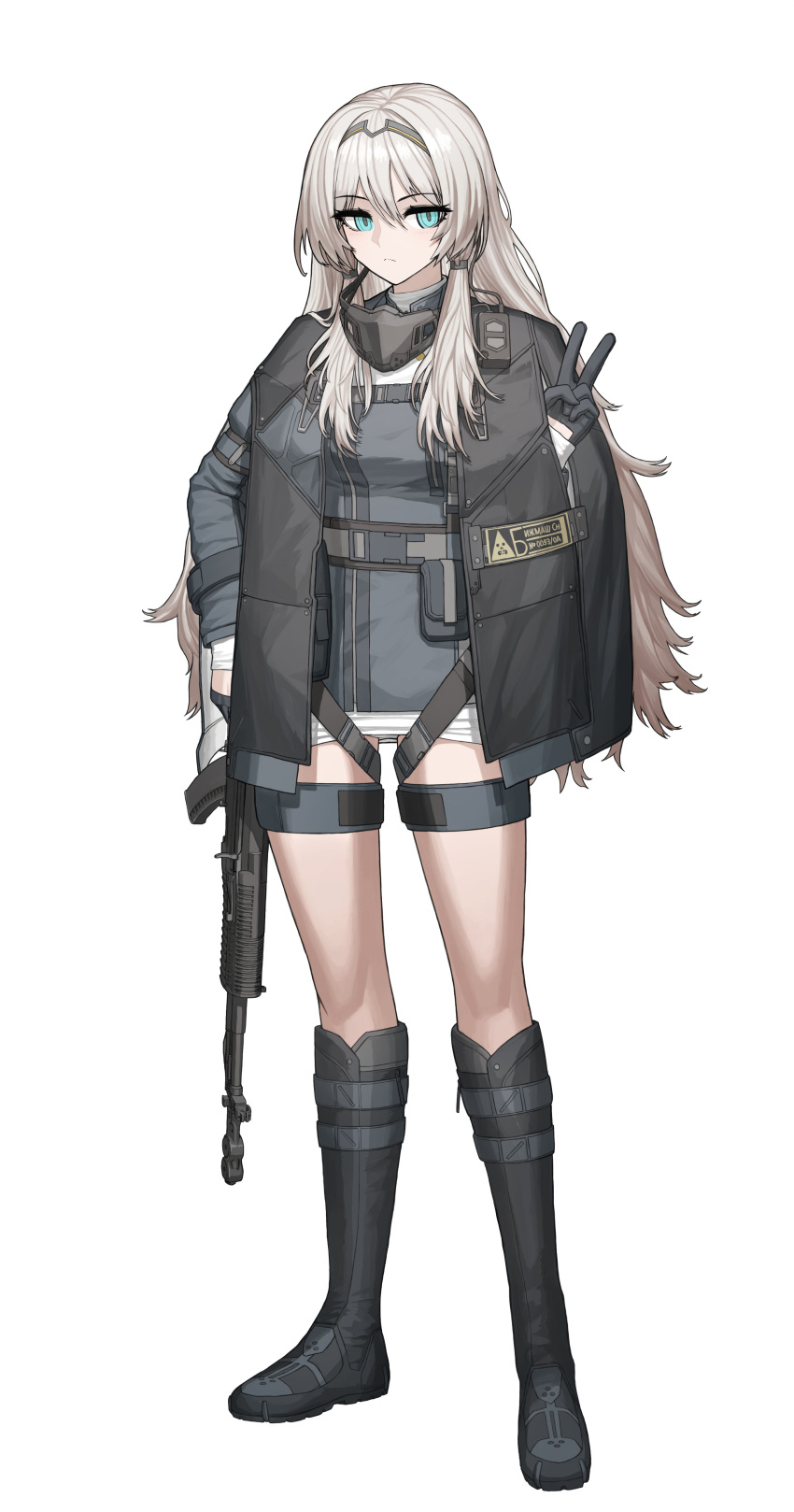 1girl absurdres an-94 an-94_(girls'_frontline) assault_rifle black_footwear black_gloves black_hairband black_jacket black_shirt blue_eyes boots cheogtanbyeong closed_mouth commentary girls_frontline gloves grey_hair gun hairband highres holding holding_gun holding_weapon jacket light_frown long_hair long_sleeves looking_at_viewer rifle shirt short_shorts shorts sidelocks simple_background solo tactical_clothes thigh_strap v weapon white_background white_shorts