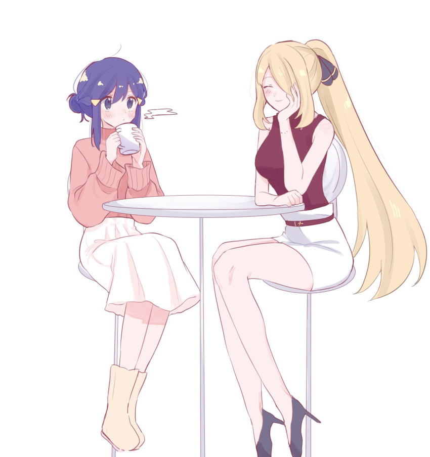 2girls ^_^ black_footwear blonde_hair blue_hair boots closed_eyes closed_mouth commentary_request cup cynthia_(pokemon) hair_over_one_eye high_heels high_ponytail highres hikari_(pokemon) holding holding_cup kuritiizu long_hair medium_hair multiple_girls on_stool pencil_skirt pink_sweater pokemon pokemon_dppt red_shirt shirt simple_background sitting skirt smile sweater table white_background white_skirt yellow_footwear