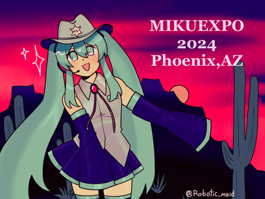 1girl 2024 alternate_neckwear arizona_(state) blue_eyes blue_hair bolo_tie cactus commentary cowboy_hat cowboy_shot detached_sleeves english_commentary flat_chest grey_shirt hair_between_eyes hat hatsune_miku hatsune_miku_expo headset highres long_bangs long_hair long_sleeves looking_at_viewer miniskirt open_mouth phoenix_(arizona) pleated_skirt purple_skirt purple_sleeves robotic_maid sheriff_badge shirt skirt sleeveless sleeveless_shirt sleeves_past_fingers sleeves_past_wrists smile solo sparkle sunset twintails twitter_username very_long_hair vocaloid