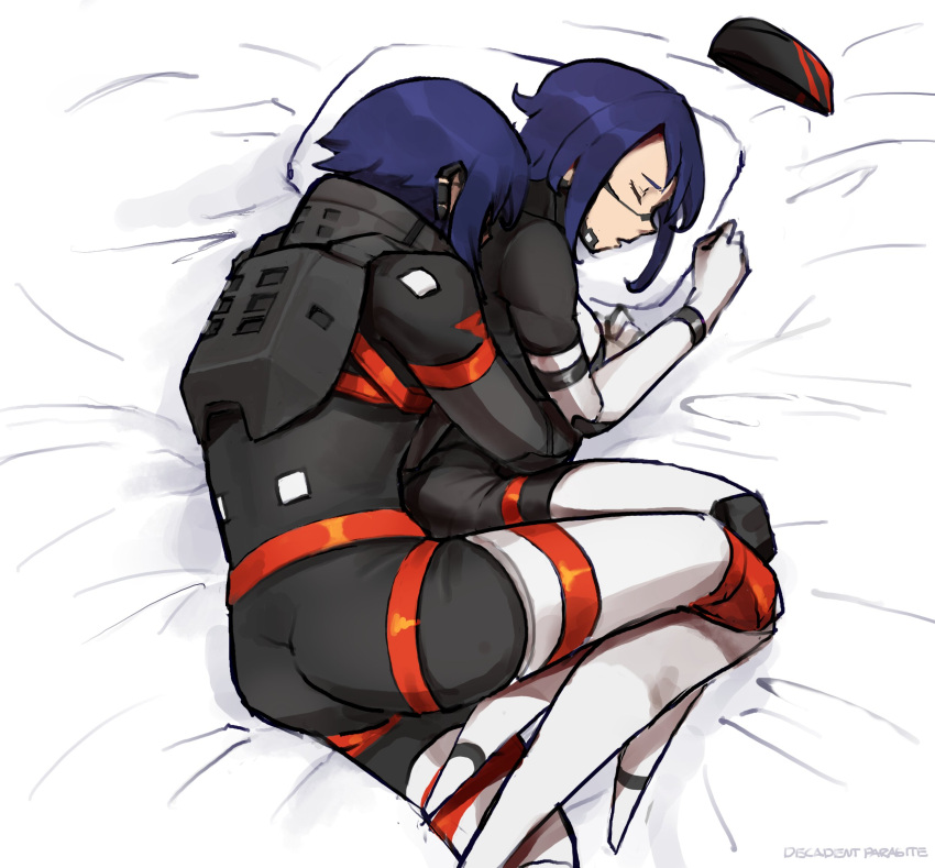 2girls a_mimir_(meme) android armor ass bed_sheet blue_hair bob_cut choppy_bangs commentary cuddling decayedparasite english_commentary eule_(signalis) garrison_cap hat head_on_another's_back highres hug hug_from_behind looking_at_another lying mechanical_arms mechanical_legs meme multiple_girls on_bed on_side open_mouth pillow short_hair sierpinski_triangle signalis simple_background sleeping spooning star_(signalis) unworn_hat unworn_headwear wrinkled_fabric yuri zettai_ryouiki