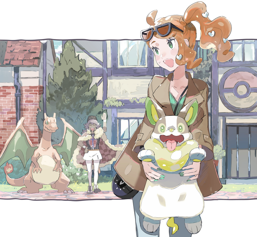 1boy 1girl :d absurdres aisutabetao arm_up bag black_bag blush brown_jacket cape champion_uniform charizard commentary_request day eyelashes fur-trimmed_cape fur_trim green_eyes green_shirt hair_ornament hand_on_own_hip happy hat heart heart_hair_ornament highres holding holding_pokemon jacket leggings leon_(pokemon) open_mouth outdoors pants plaid_cape pokemon pokemon_(creature) pokemon_swsh shirt shoes shorts shoulder_bag side_ponytail smile sonia_(pokemon) sunglasses sweatdrop teeth upper_teeth_only wristband yamper