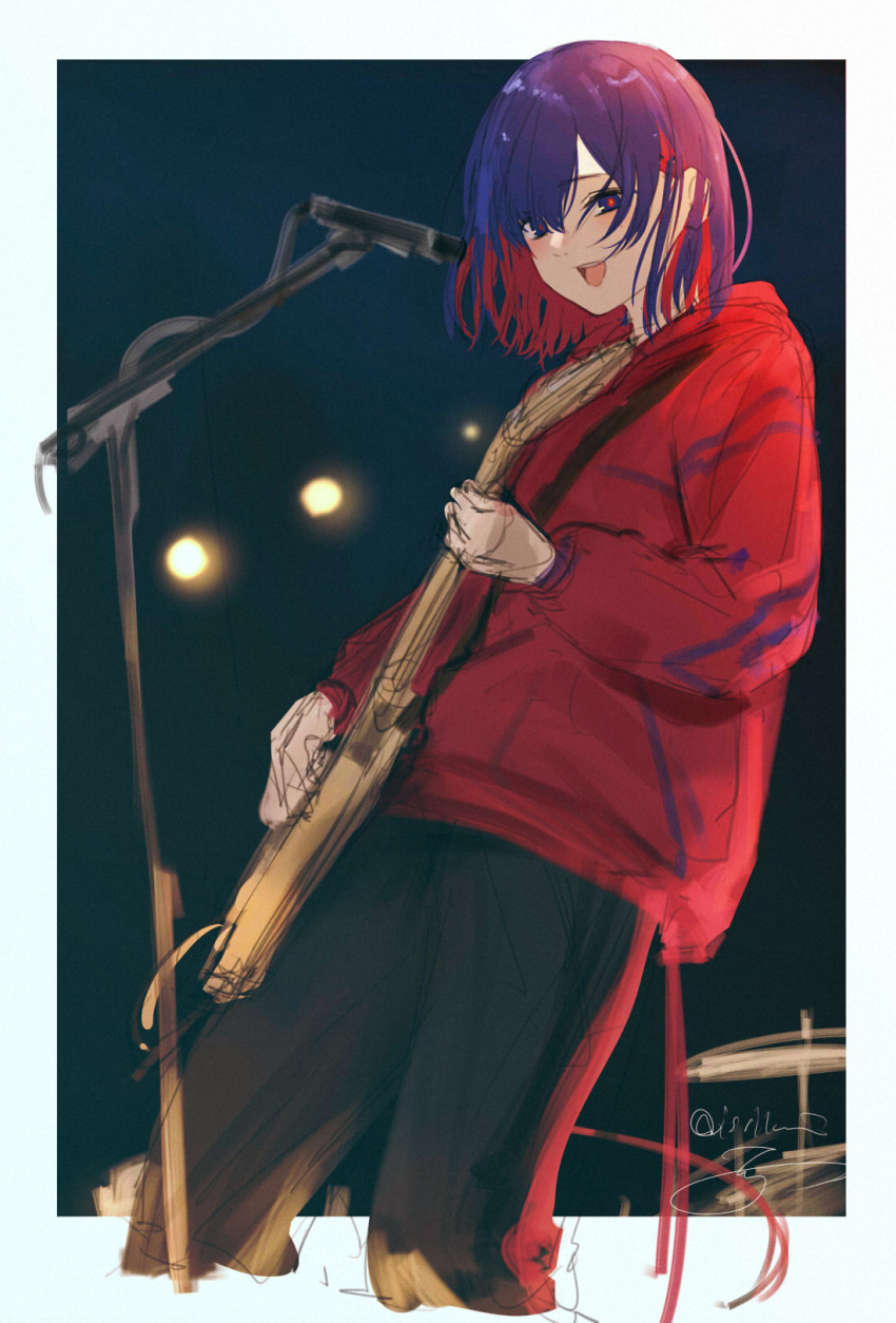 1girl adapted_costume black_background black_pants blue_eyes blue_hair border colored_inner_hair cropped_legs cymbals floating_hair guitar highres holding holding_guitar holding_instrument hood hood_down hoodie instrument isshiki_(ffmania7) kamitsubaki_studio leaning_back long_sleeves looking_at_viewer medium_hair microphone_stand multicolored_eyes multicolored_hair music open_mouth outside_border pants playing_guitar playing_instrument red_eyes red_hoodie redhead rim_(kamitsubaki_studio) sidelighting signature smile solo stage_lights standing virtual_youtuber white_border