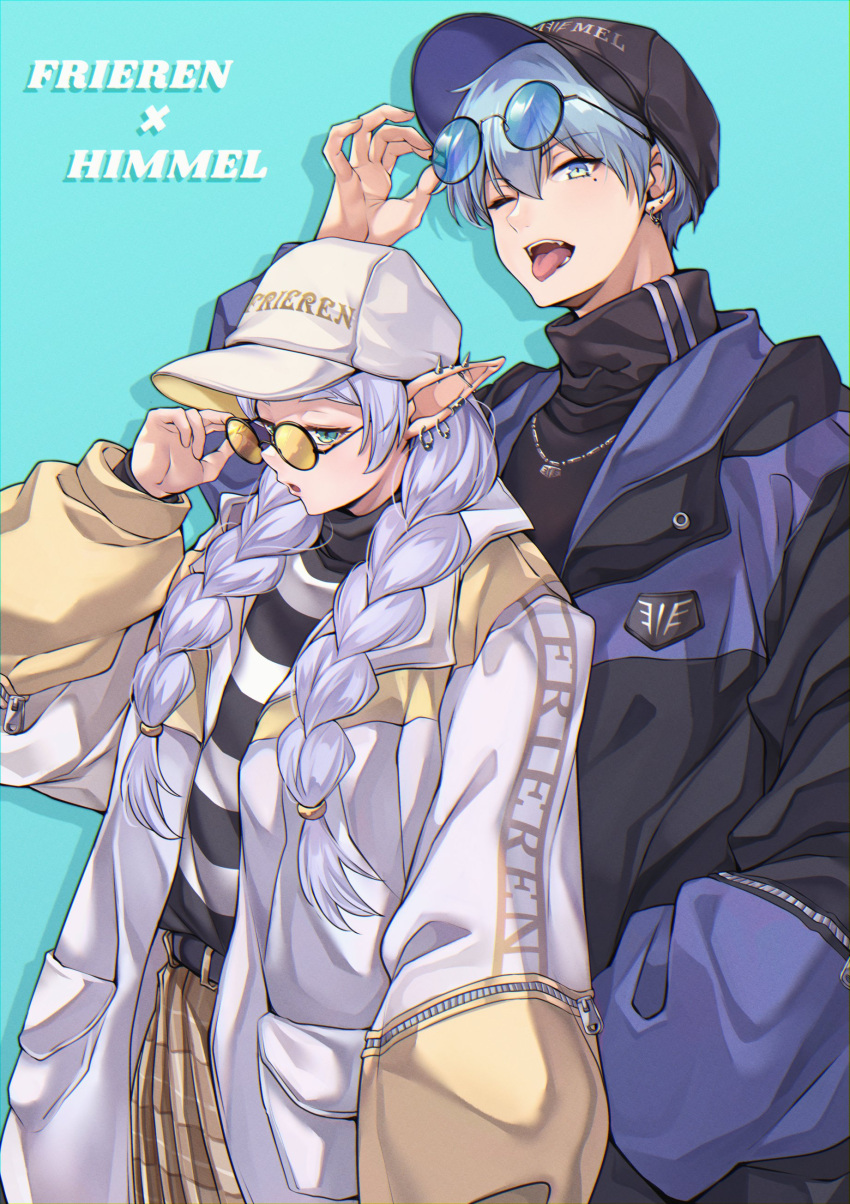 1boy 1girl absurdres adjusting_eyewear alternate_costume barbell_piercing baseball_cap blue_eyes blue_hair braid character_name clothes_writing commentary_request contemporary ear_piercing earrings elf frieren glasses green_eyes hair_ornament hat highres himmel_(sousou_no_frieren) industrial_piercing jacket jewelry long_hair looking_at_viewer mole mole_under_eye multiple_earrings multiple_piercings necklace one_eye_closed open_clothes open_jacket open_mouth piercing plaid plaid_skirt pointy_ears round_eyewear shashaki shirt short_hair simple_background skirt smile sousou_no_frieren striped_clothes striped_shirt tongue tongue_out twin_braids twintails upper_body white_hair