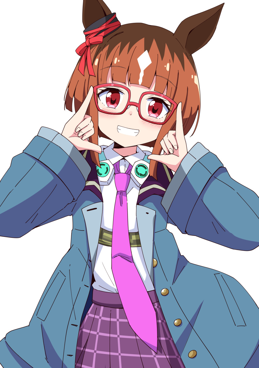 1girl \m/ absurdres aikawa_ryou animal_ears blue_jacket blush bow brown_hair collared_shirt commentary_request double_\m/ ear_bow glasses grin hands_up highres horse_ears jacket long_sleeves looking_at_viewer multicolored_hair necktie open_clothes open_jacket pleated_skirt purple_necktie purple_skirt red-framed_eyewear red_bow red_eyes shirt simple_background skirt smile solo transcend_(umamusume) two-tone_hair umamusume white_background white_hair white_shirt wide_sleeves