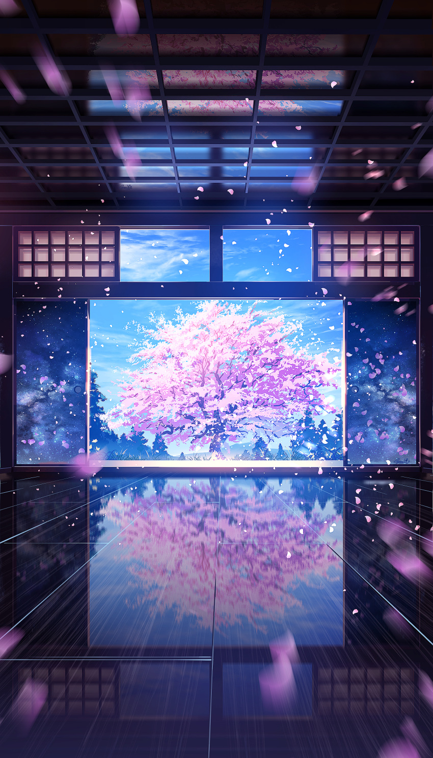absurdres architecture blue_sky blurry cherry_blossoms cherry_tree clouds commentary_request depth_of_field east_asian_architecture fantasy highres indoors no_humans original pine_tree reflection reflective_floor scenery sky smile_(qd4nsvik) tree wooden_ceiling wooden_floor