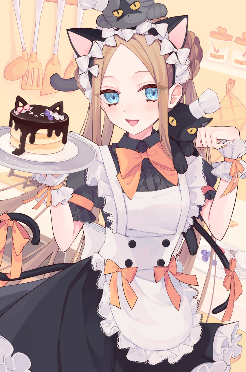 1388chan 1girl :d abigail_williams_(fate) absurdres alternate_costume animal_ears animal_on_shoulder apron black_cat black_dress blue_eyes blueberry bow bow_hairband bowtie braid braided_bun brown_hair cat cat_day cat_ears cat_on_shoulder cat_tail center_frills collared_dress cowboy_shot double_bun dress enmaided fake_animal_ears fake_tail fate/grand_order fate_(series) food frilled_apron frilled_dress frills fruit hair_bun hairband highres holding holding_tray indoors jar ladle long_hair looking_at_viewer maid maid_headdress open_mouth orange_bow pancake pancake_stack parted_bangs pastry_bag paw_pose plate puffy_short_sleeves puffy_sleeves short_sleeves sidelocks smile solo spatula strawberry tail tail_bow tail_ornament tray very_long_hair white_apron white_bow wing_collar